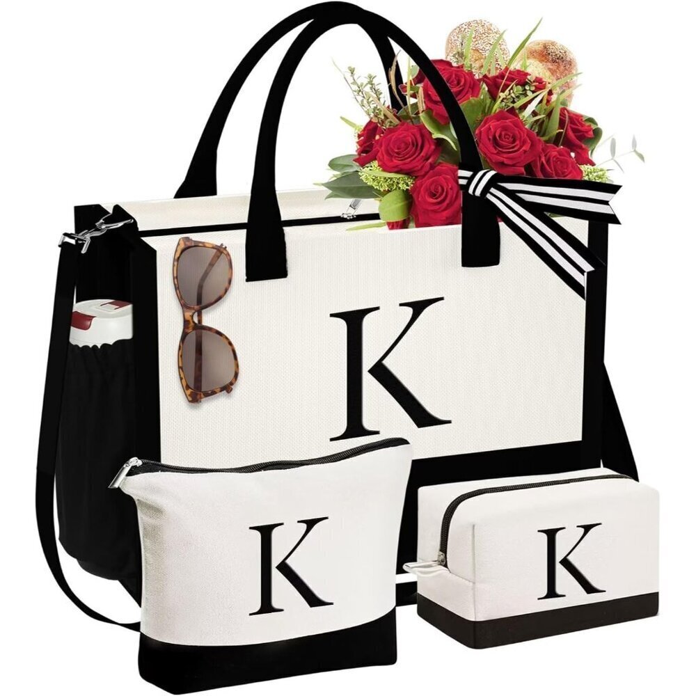Personalized Initial Canvas Tote Bag and Makeup Bag Set for Women